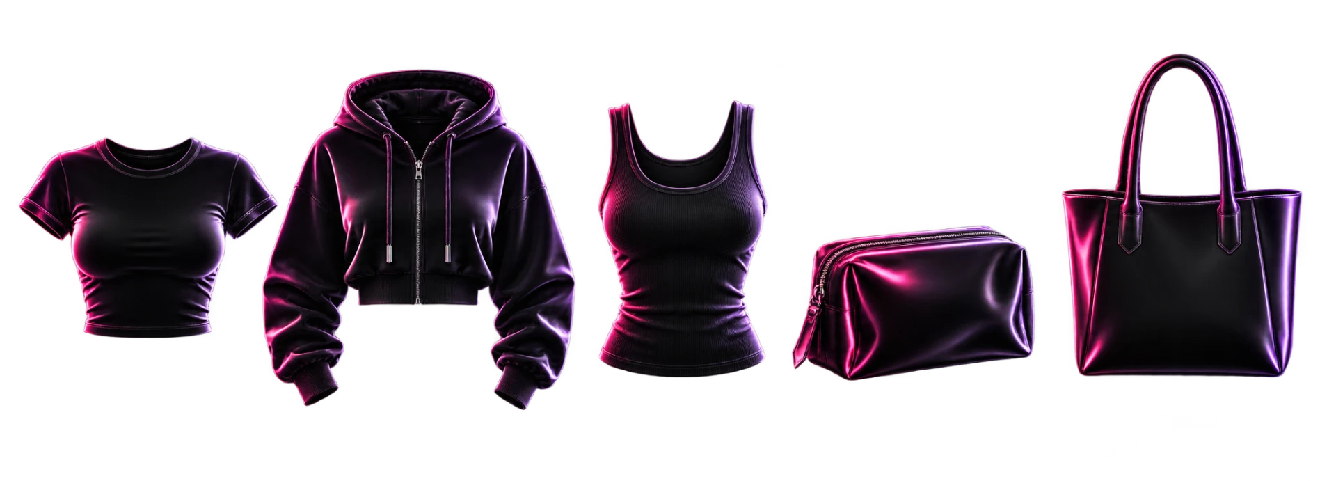 Blank product silhouettes: a fitted tee, cropped hoodie, tank, cosmetic pouch, and tote.