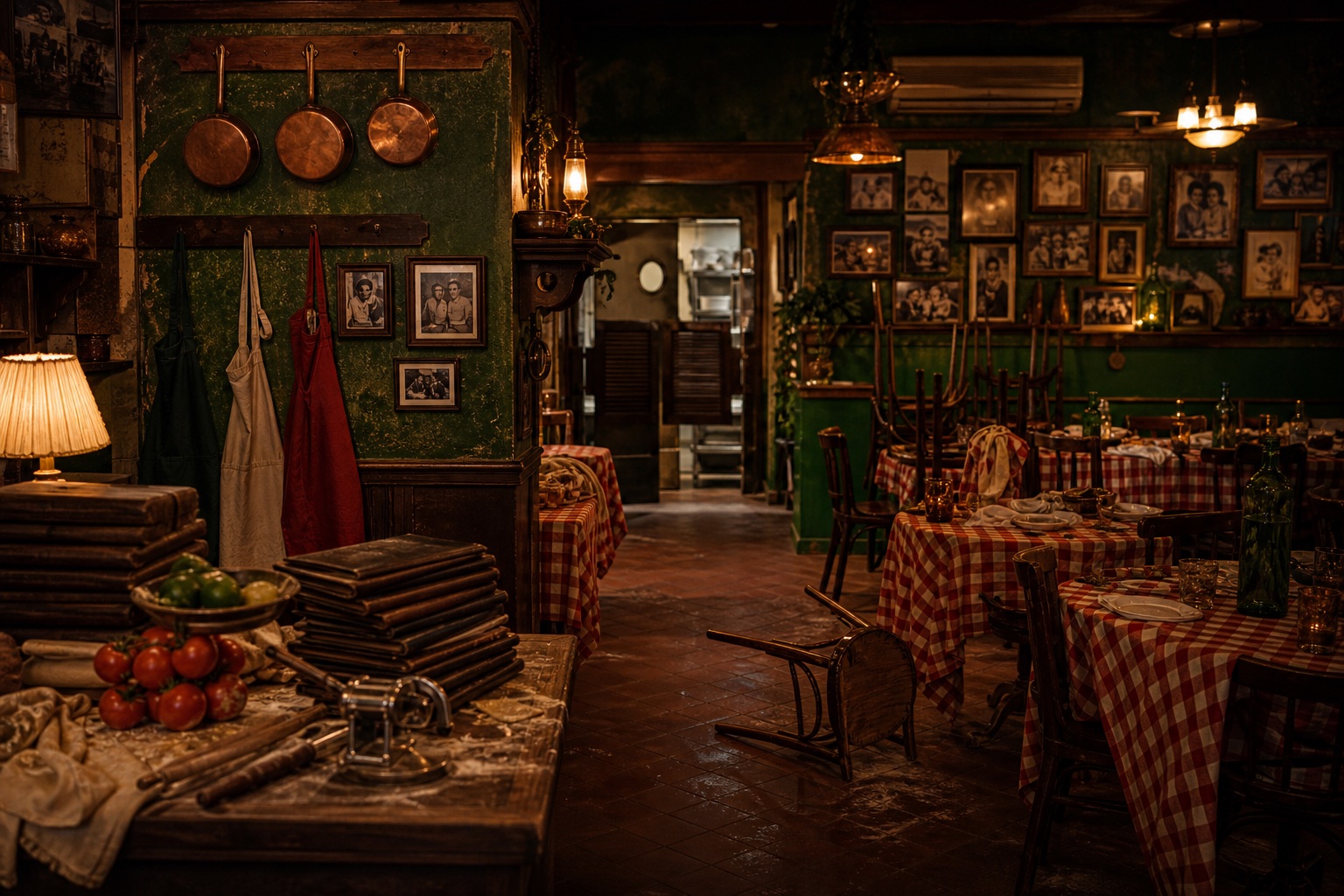Interior of the restaurant: bottle-green walls, framed family photographs, copper pans, red-and-cream checked tables, and a flour-dusted pasta bench.
