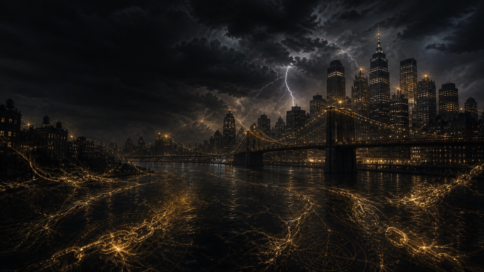 The Ether beneath the city: a storm-lit skyline and bridge threaded with glowing golden chains and sigils across dark water.